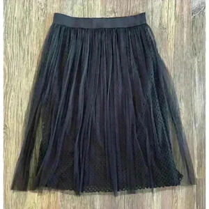 Studio West Apparel Skirt Lg High Waist Pleated Midi A-Line Black Mesh Overlays